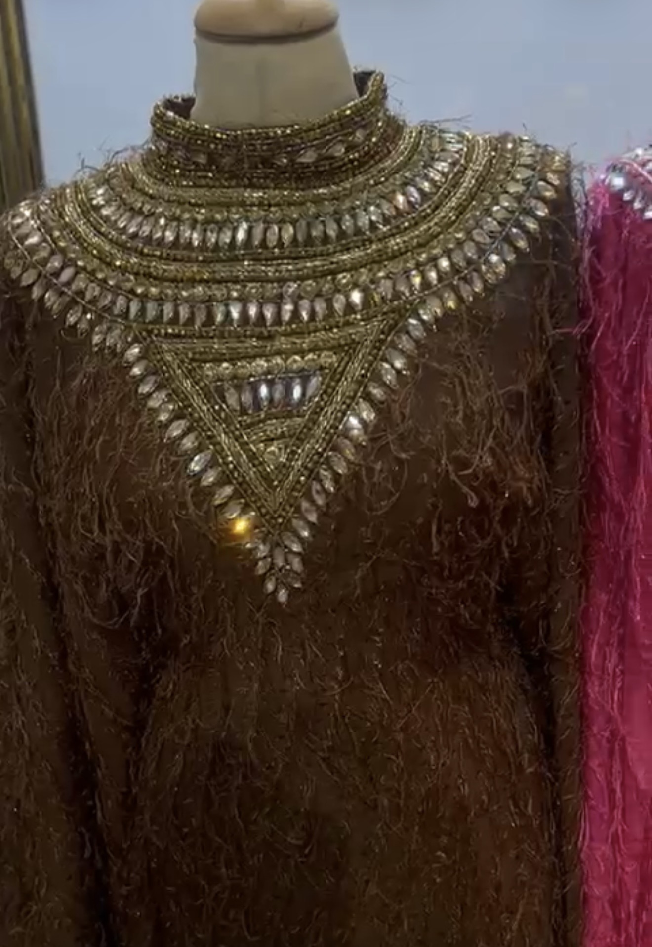 Luxury By Ti Beaded Abaya with Inner Belt & Scarf in Pink & Coffee Brown Elegant Design Available in Different Sizes - Image 6