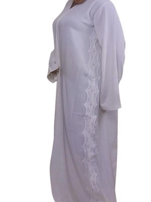 Fad Collection Pure White Abaya with Embroidered Details on Both Sides Comes with Matching Scarf Closed Design for Elegance