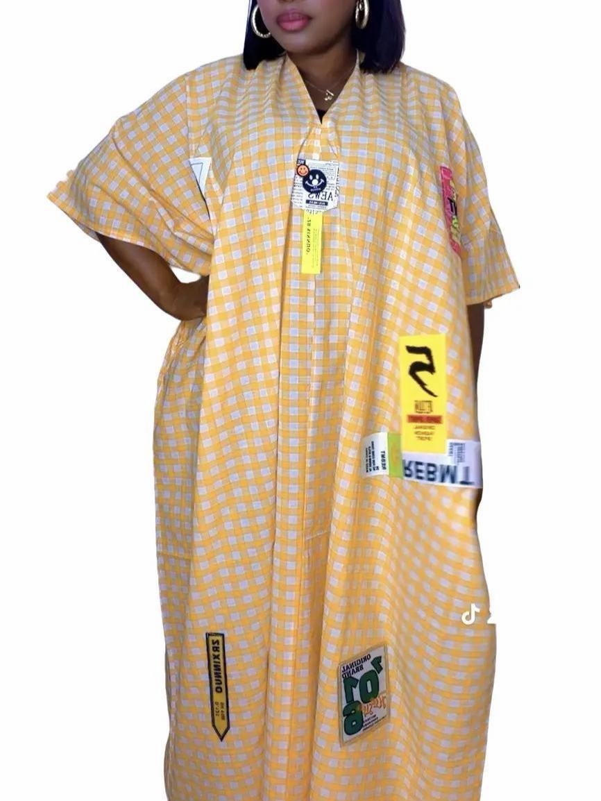 Beautiful Check and Jeans Summer Dresses with Patches and two side pockets, Rope to the back neck,V-neck dress, Perfect for the hot weather, come as a free Size.