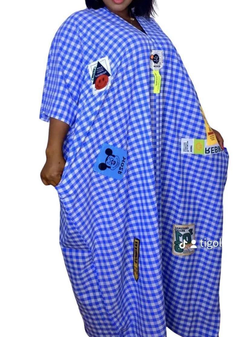 Beautiful Check and Jeans Summer Dresses with Patches and two side pockets, Rope to the back neck,V-neck dress, Perfect for the hot weather, come as a free Size. - Image 2