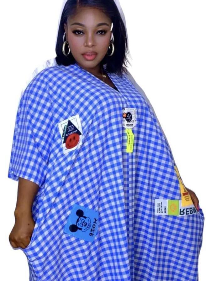 Beautiful Check and Jeans Summer Dresses with Patches and two side pockets, Rope to the back neck,V-neck dress, Perfect for the hot weather, come as a free Size. - Image 4