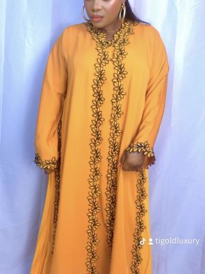 Shafeerah Lace Stone Beautiful 3 Pieces Abaya in Orange Colour Only. Perfect for all Oc
